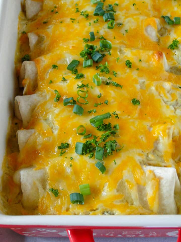 Close up side view of Salsa verde chicken enchiladas in baking dish.