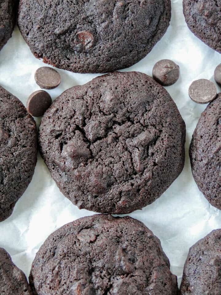 Close up top view of double dark chocolate chip cookie.