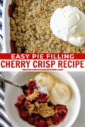 Close up top view of cherry crisp in baking dish and some in a bowl with ice cream and bite on a spoon.