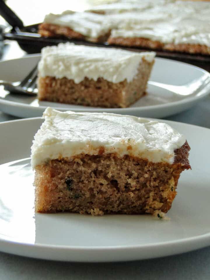 Close up side view of zucchini bar slice on white plate.