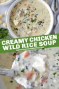 Chicken wild rice soup in bowl and being ladled out of pot.