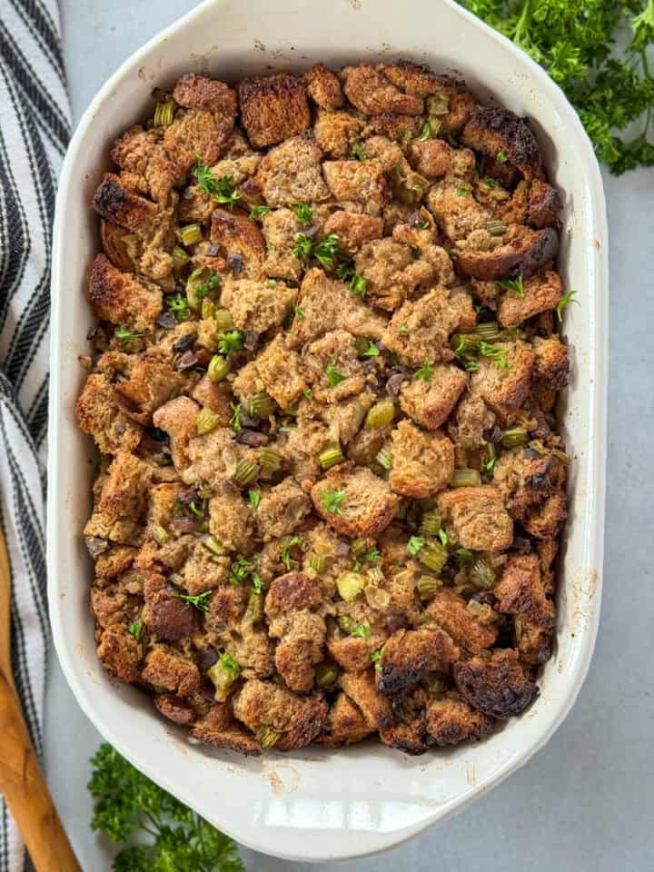 Baked stuffing in casserole dish.