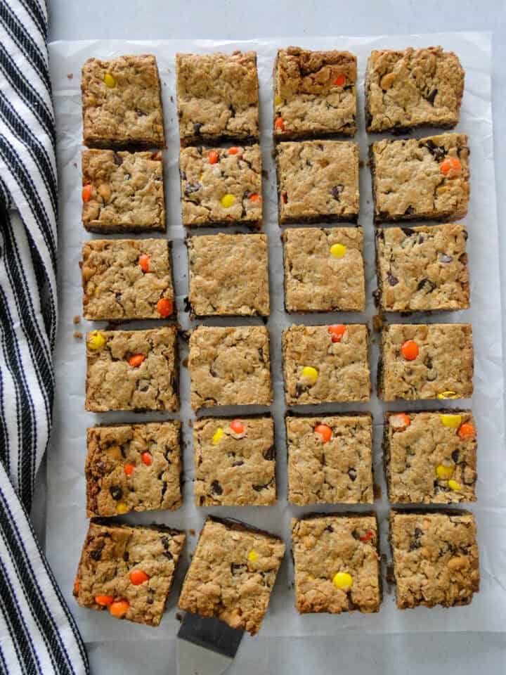 Monster cookie bars sliced into 24 bars.