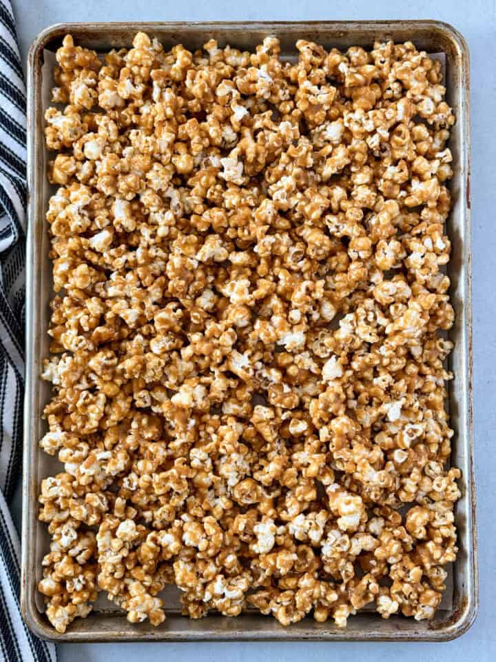 Coated popcorn spread out on parchment lined sheet pan.