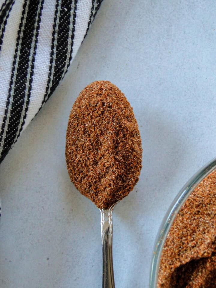 Top view of spoonful of taco seasoning.