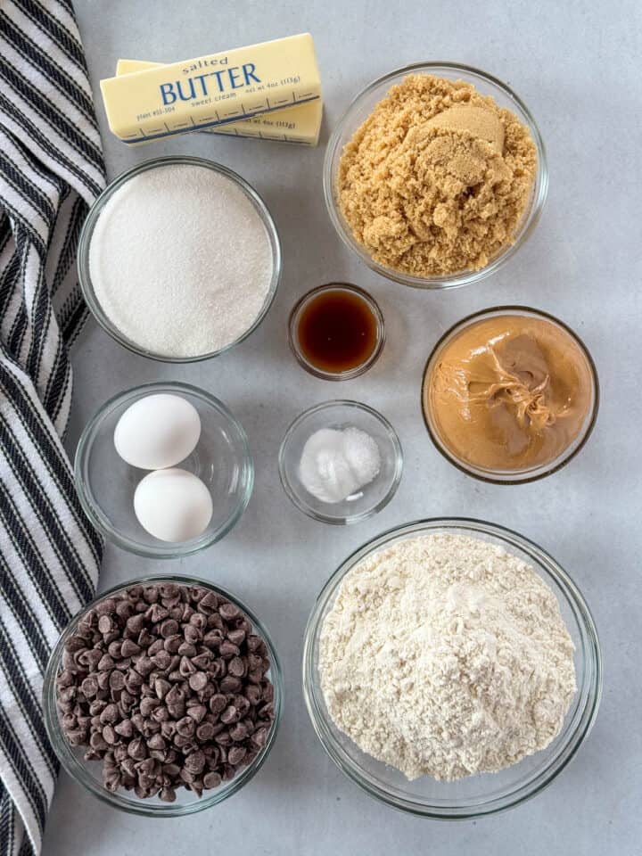 Peanut butter chocolate chip cookie recipe ingredients.