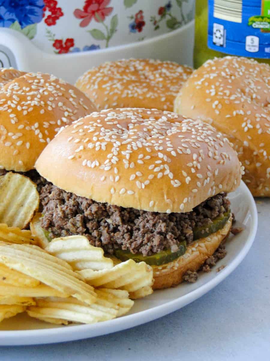 Close up side view of Iowa maid rites sandwich on plate with potato chips in front of crock pot.