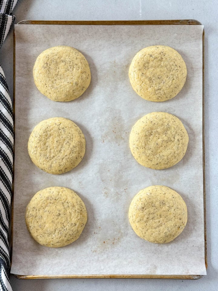 Baked lemon poppy seed cookies on parchment lined cookie sheet.