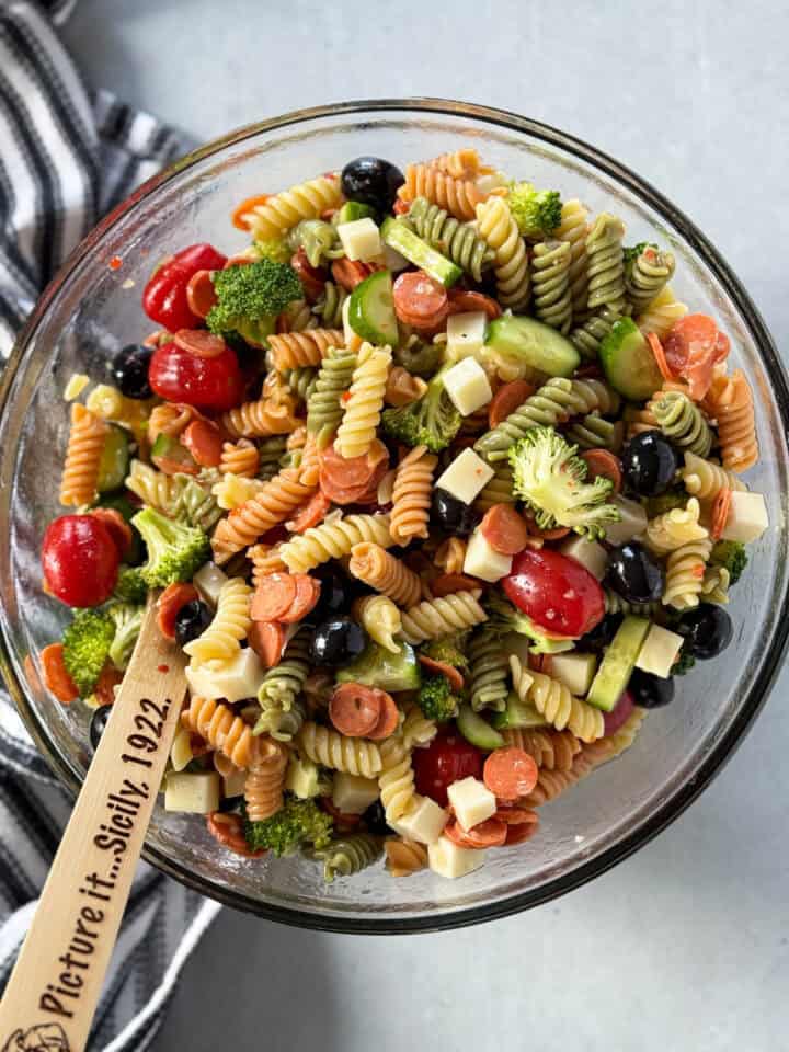 Ingredients mixed together in large glass mixing bowl.