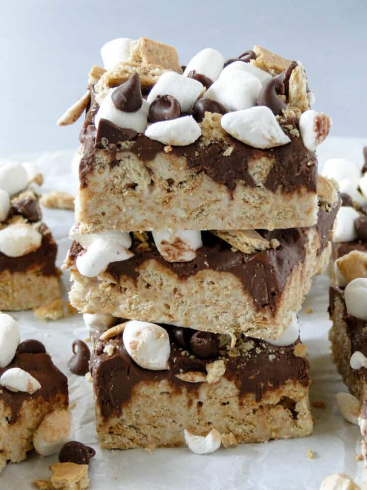 3 sliced no bake smores bars stacked.
