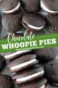 Pin image of chocolate whoopies scattered and in a row on their side showing centers of sandwich cookies.