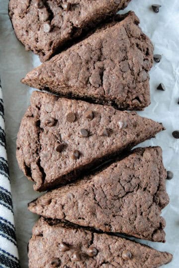 Top view of chocolate scones in a row.