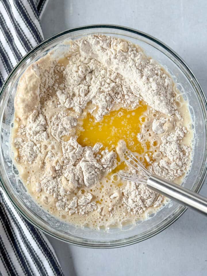 Melted butter added to pancake batter.