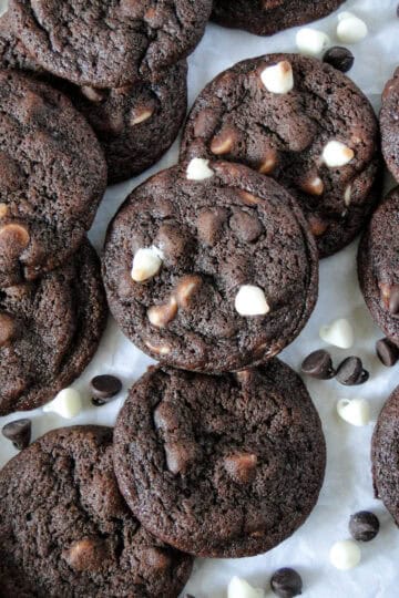 Close up top view of double chocolate chip cookies.