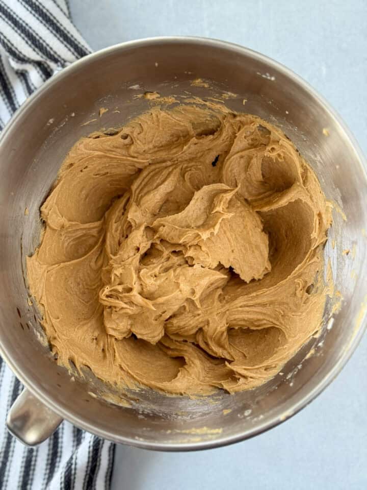 All wet ingredients beat into creamed butters and brown sugar in large mixing bowl.