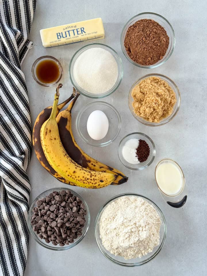 Double chocolate banana bread recipe ingredients.