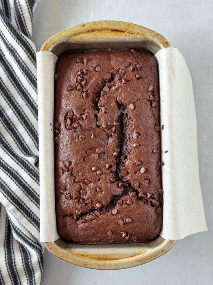 Baked bread in loaf pan.