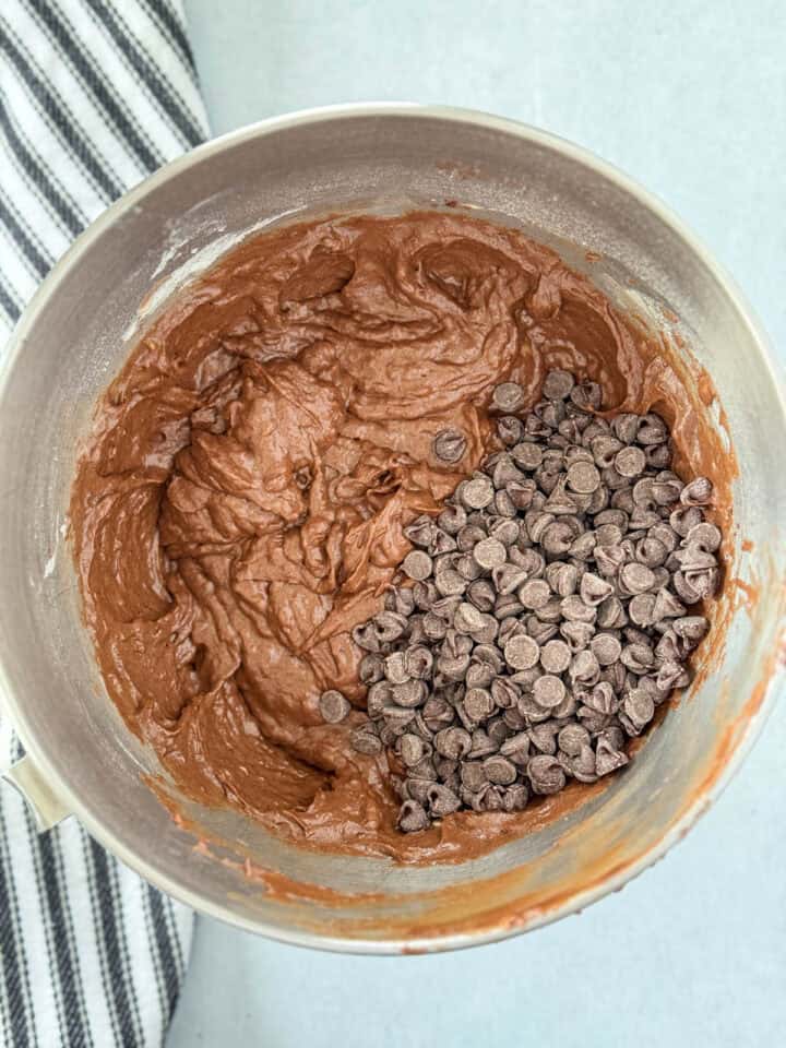 Chocolate chips added to bread batter in large mixing bowl.