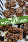 Pin image of no bake chocolate cookies in pile on parchment paper and close up of one cookie broken in half showing center of cookie.