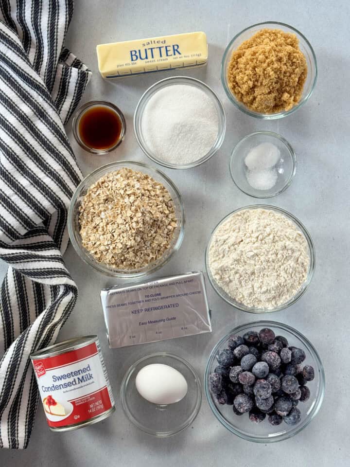 Blueberry cream cheese bars recipe ingredients.