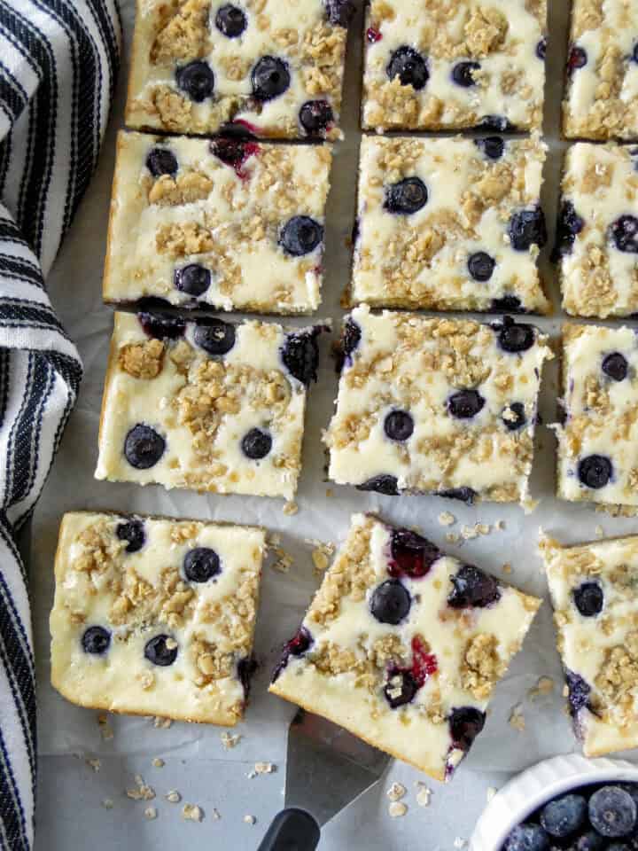 Top view of sliced blueberry cream cheese bars.