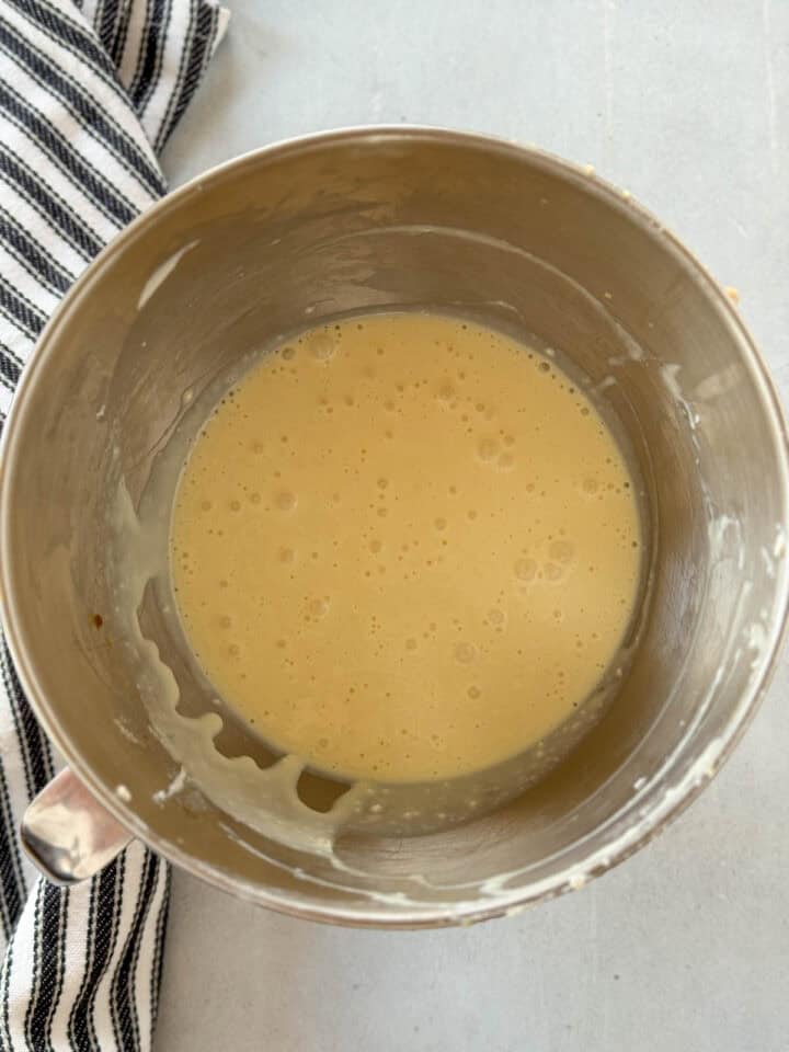 Sweetened condensed milk, egg and vanilla beaten into cream cheese in large metal mixing bowl.