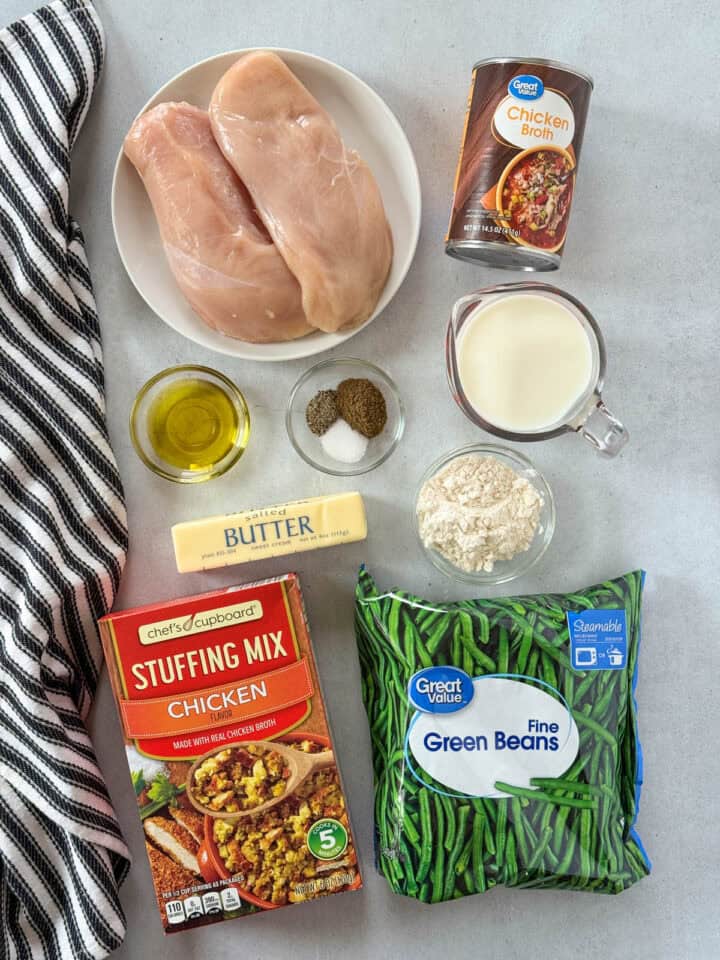 Crockpot chicken and stuffing recipe ingredients.