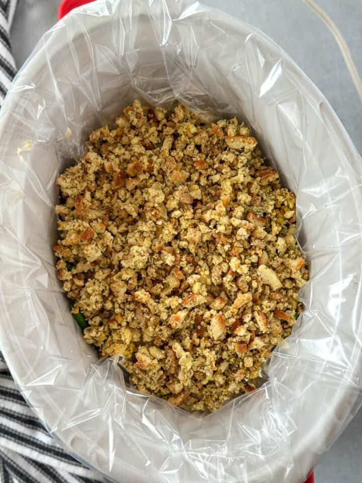 Stuffing mix added on top of chicken, green beans and gravy.