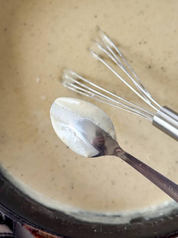 Homemade gravy coated the back of spoon.