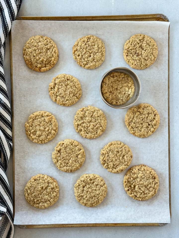 Baked cookies on parchment lined cookie sheet with a biscuit cutter around one cookie.