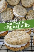 Pin image of homemade oatmeal cream pies scattered on parchment paper and side view of one on wire rack.