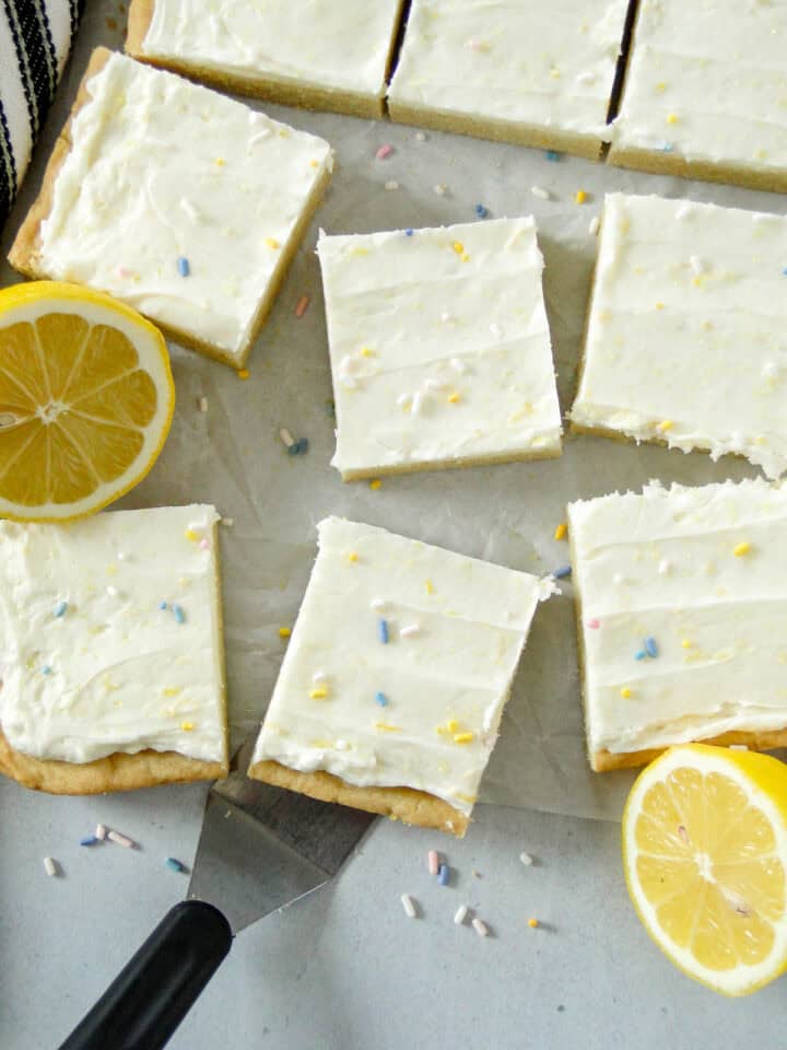 Top view of sliced lemon sugar cookie bars.