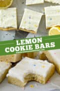 Pin image of lemon sugar cookie bars sliced and side view of one bar with bite taken out.