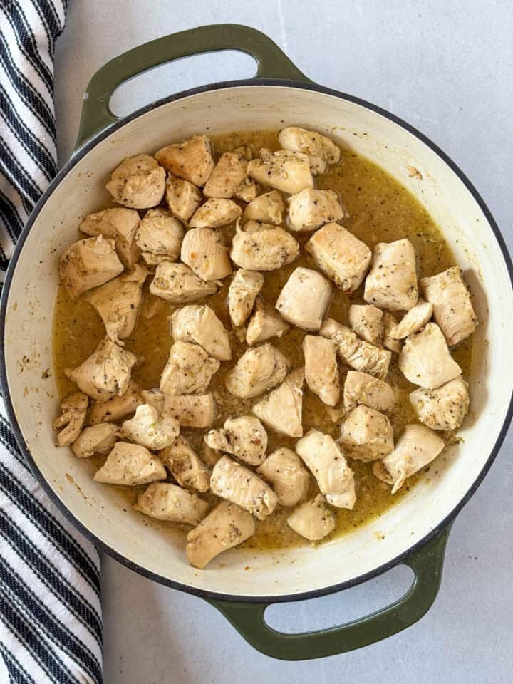 Skillet deglazed with chicken broth.