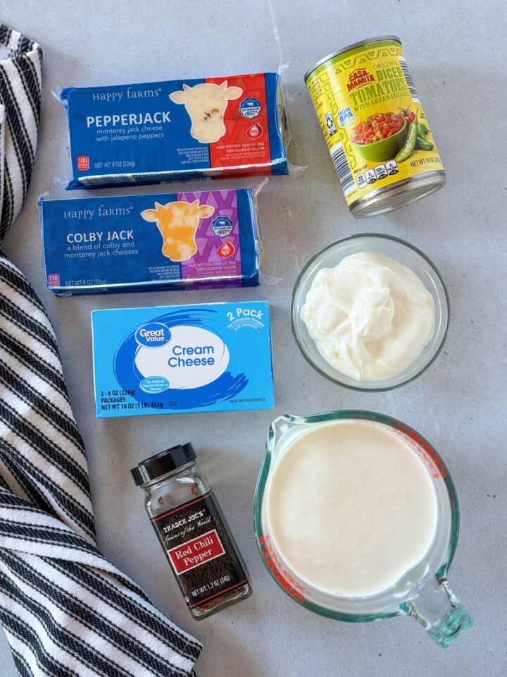 Homemade queso dip recipe ingredients.