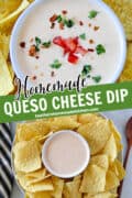 Pin image of homemade queso dip in serving bowl and surrounded by tortilla chips.