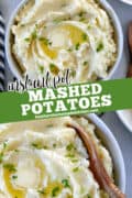 Pin image for instant pot mashed potatoes in serving bowl and close up view bowl with wooden serving spoon.