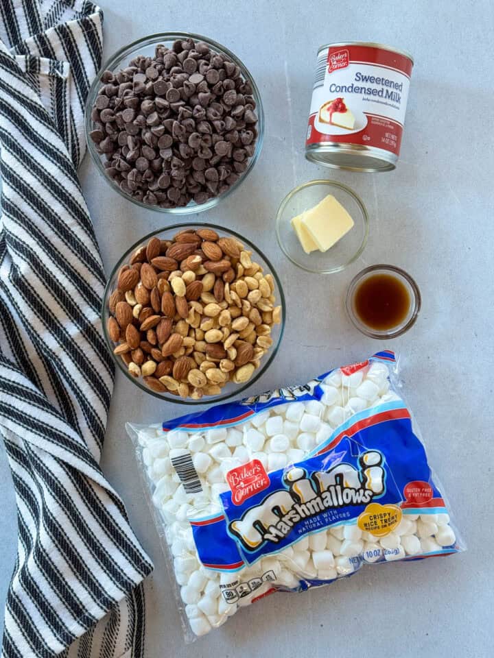 No bake rocky road bars recipe ingredients.