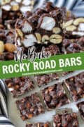 Pin image of no bake rocky road bars in rows and close up side view of one bar.