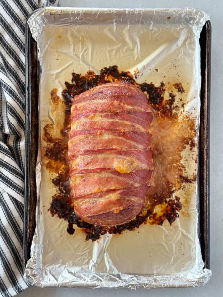Meatloaf baked on sheet pan.