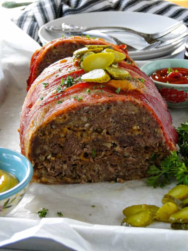 Close up front view of center of bacon cheeseburger meatloaf.