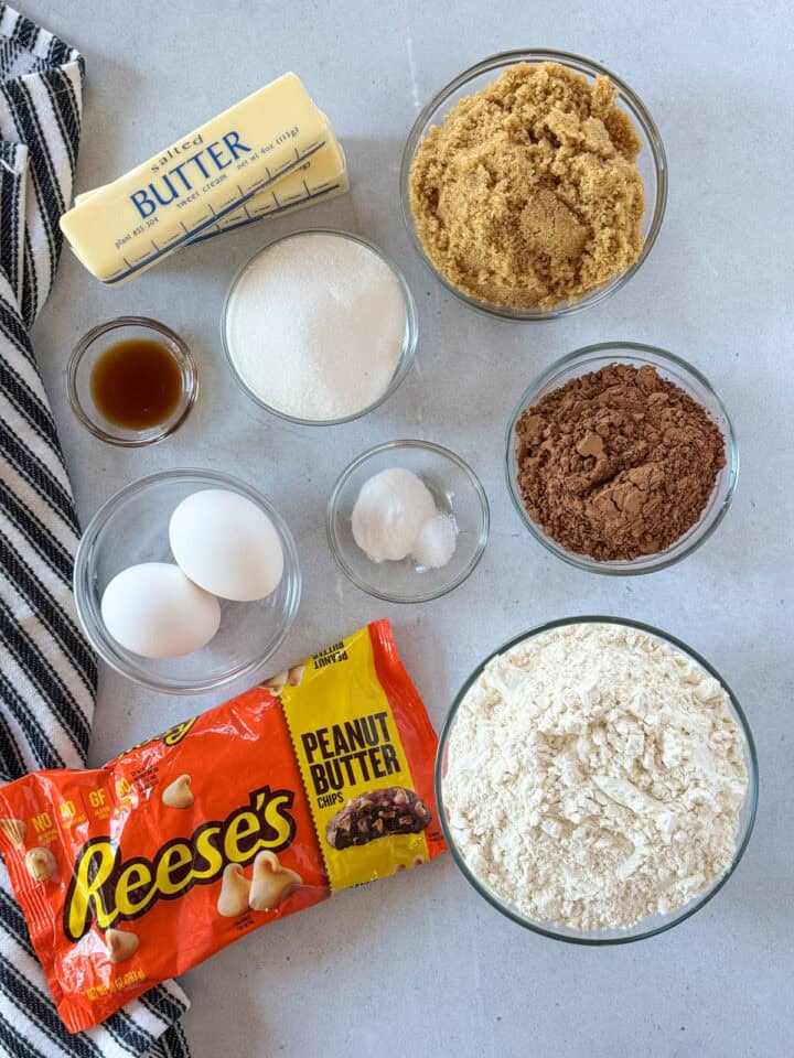 Peanut butter chip chocolate cookie recipe ingredients.