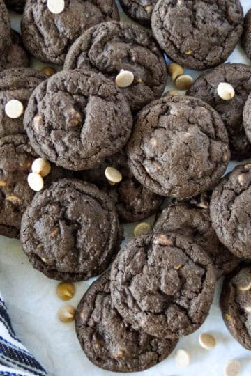 Top view of peanut butter chip cookies in a pile.