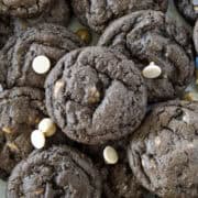 Close up top view of peanut butter chip cookies scattered in a pile.