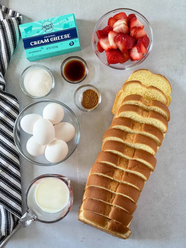 Strawberries and Cream stuffed french toast recipe ingredients.