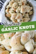Pin image of homemade garlic knots with knots in a basket lined with parchment paper and close up side view of one garlic knot.
