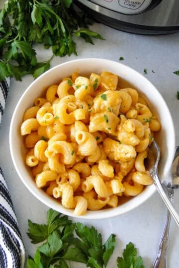 Instant pot buffalo chicken mac and cheese in white round bowl with fork sitting in front of instant pot.